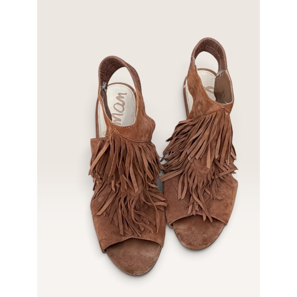 Sam Edelman Elaine Tan Suede Fringe Block Heel Sandals Womens 9 Boho Festival